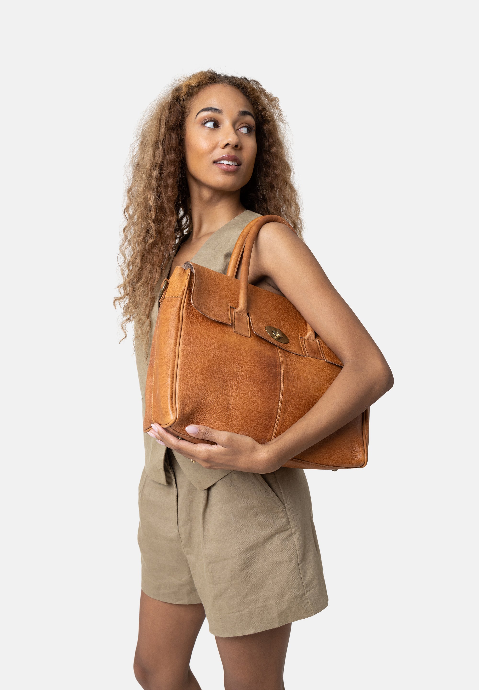 Pc veske Dame | Stor skinnveske | Burned Tan | Avtagbar Langreim | Cate Big