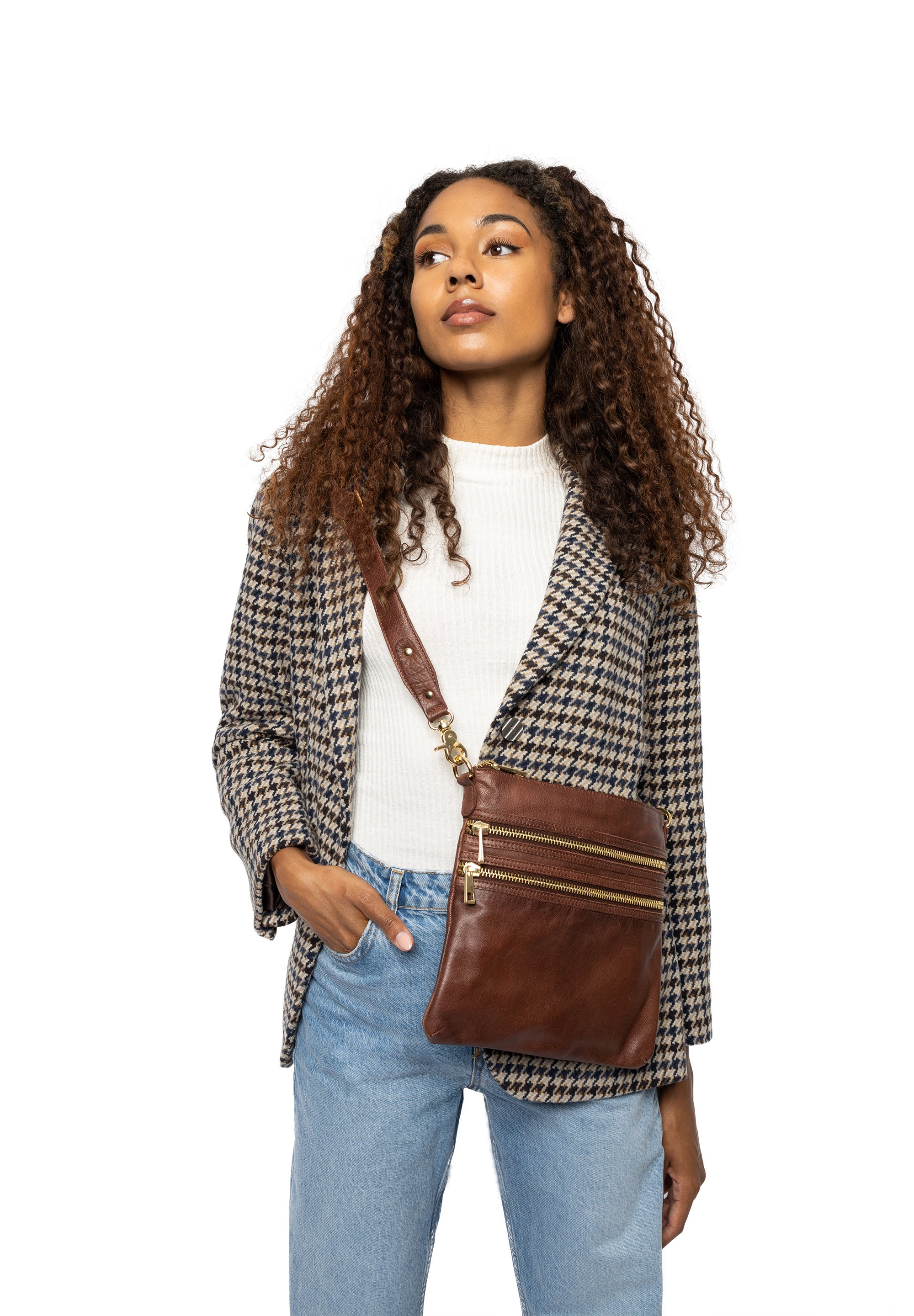 Crossover Veske | Skinn | Medium | Cappuccino | Regulerbar Skulderstropp | Vintage |Emilia Big