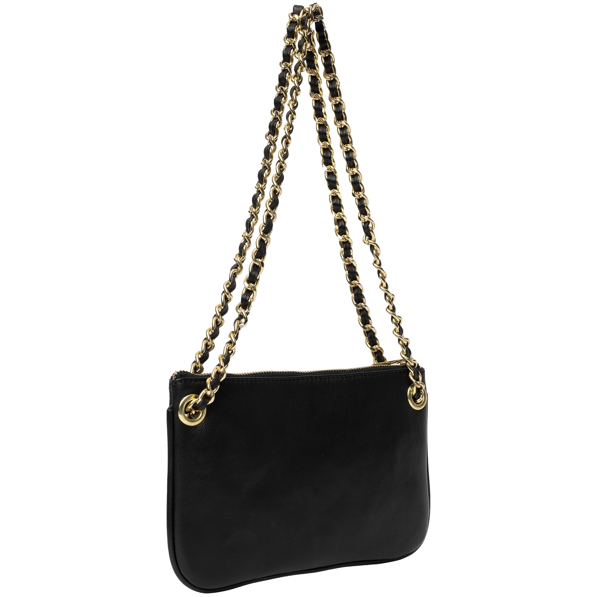 Selskapsveske | Skinn | Sort | Liten | Kjedereim | Gulli