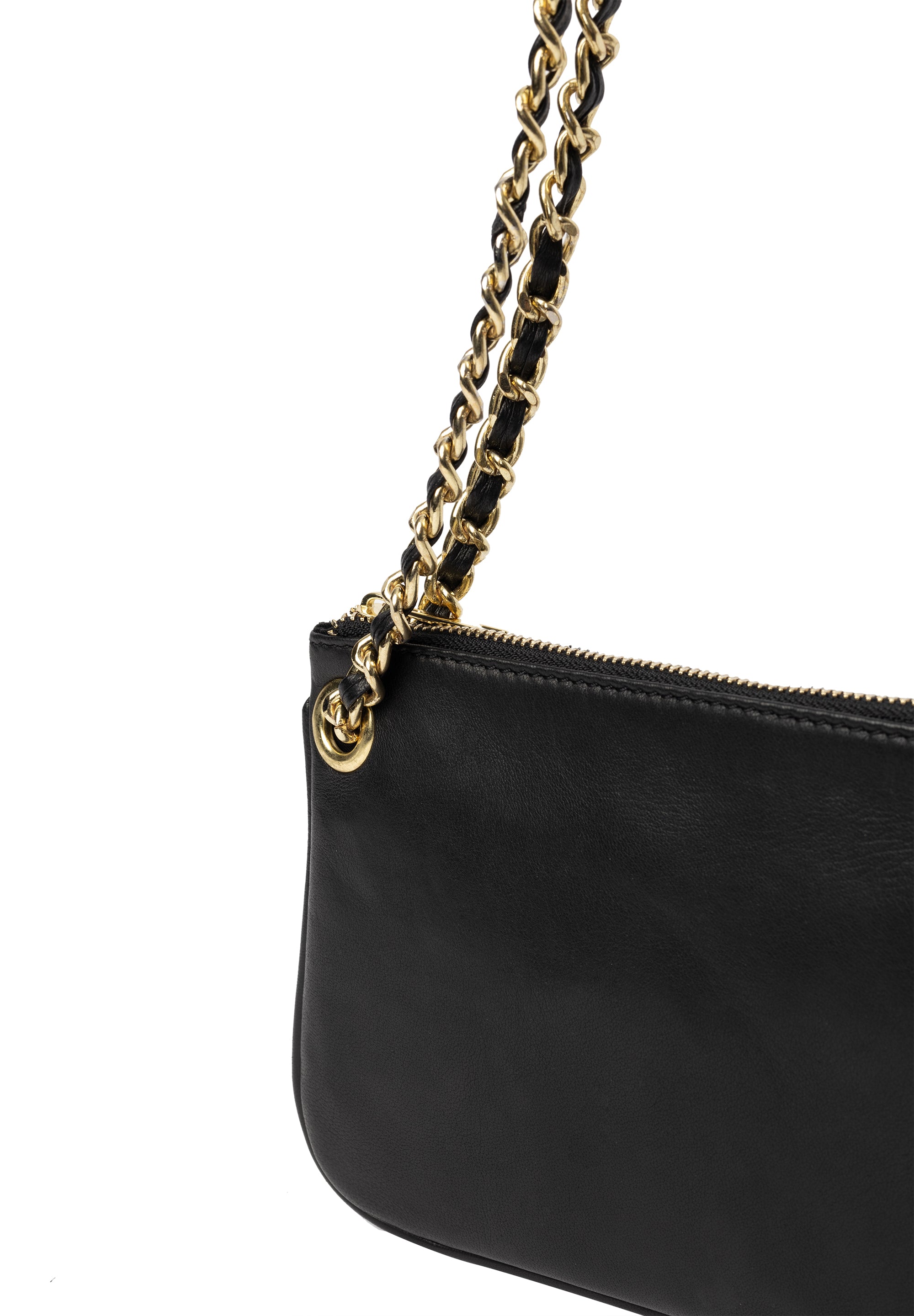 Selskapsveske | Skinn | Sort | Liten | Kjedereim | Gulli