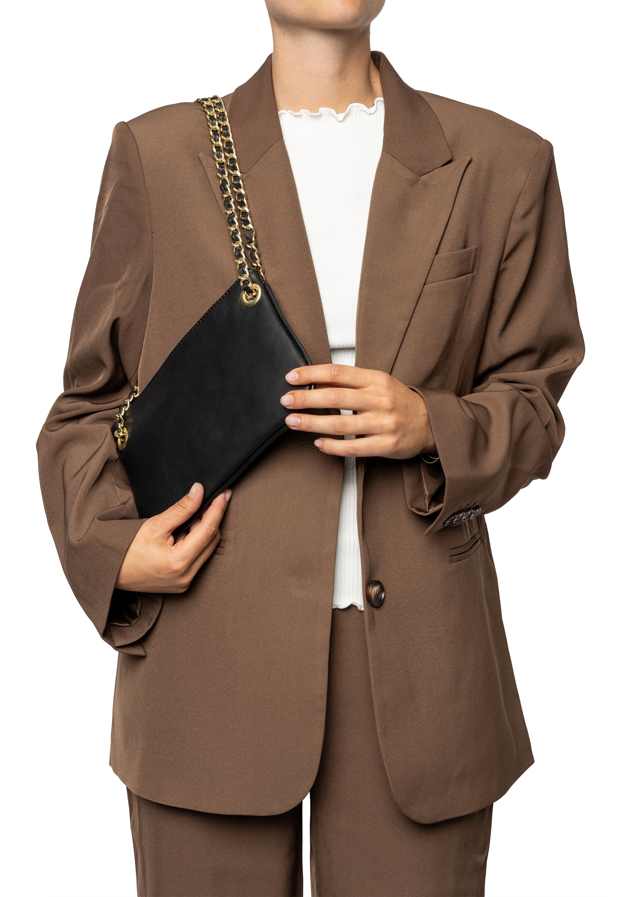 Selskapsveske | Skinn | Sort | Liten | Kjedereim | Gulli