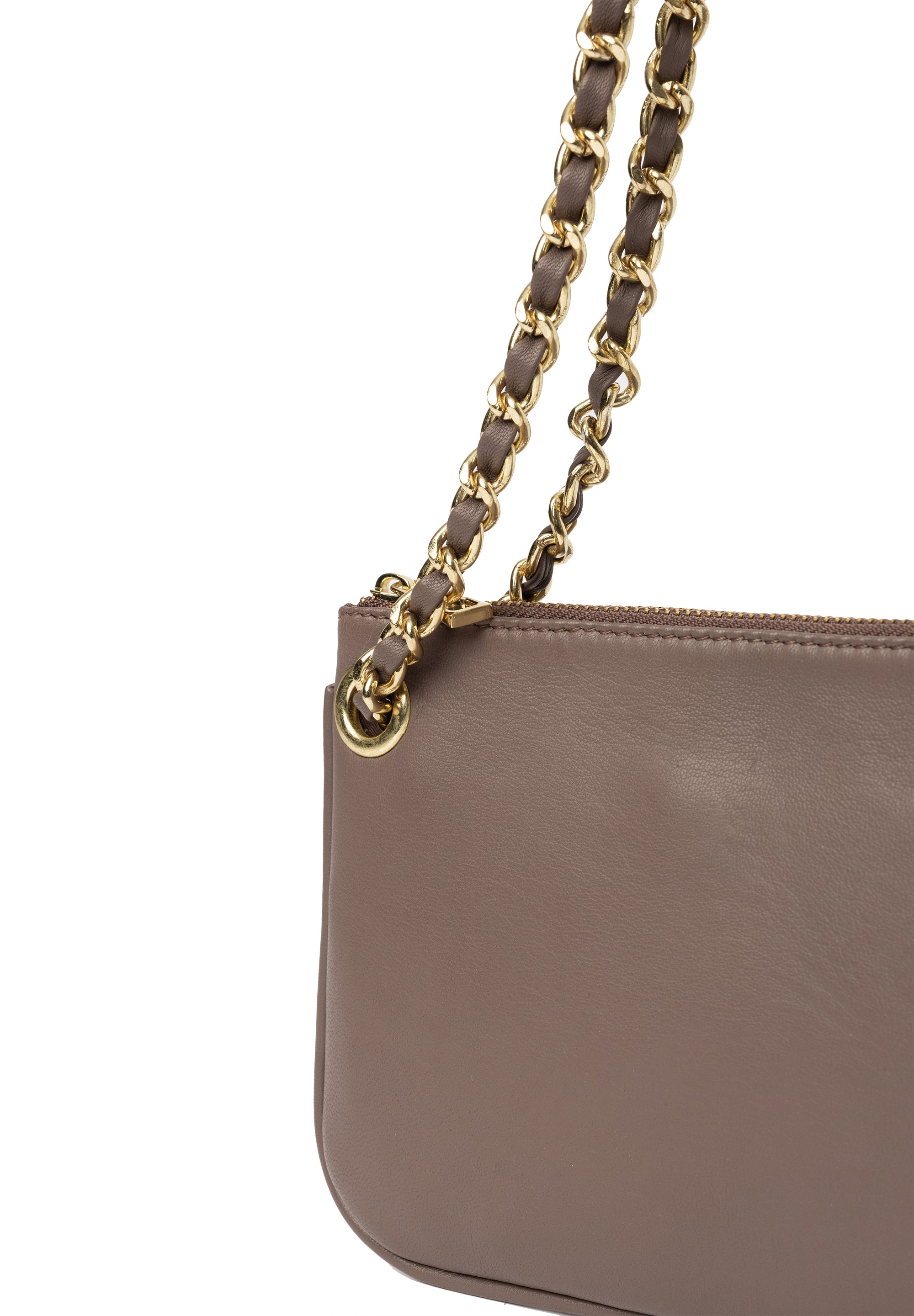Selskapsveske | Skinn | Taupe | Liten | Kjedereim | Gulli