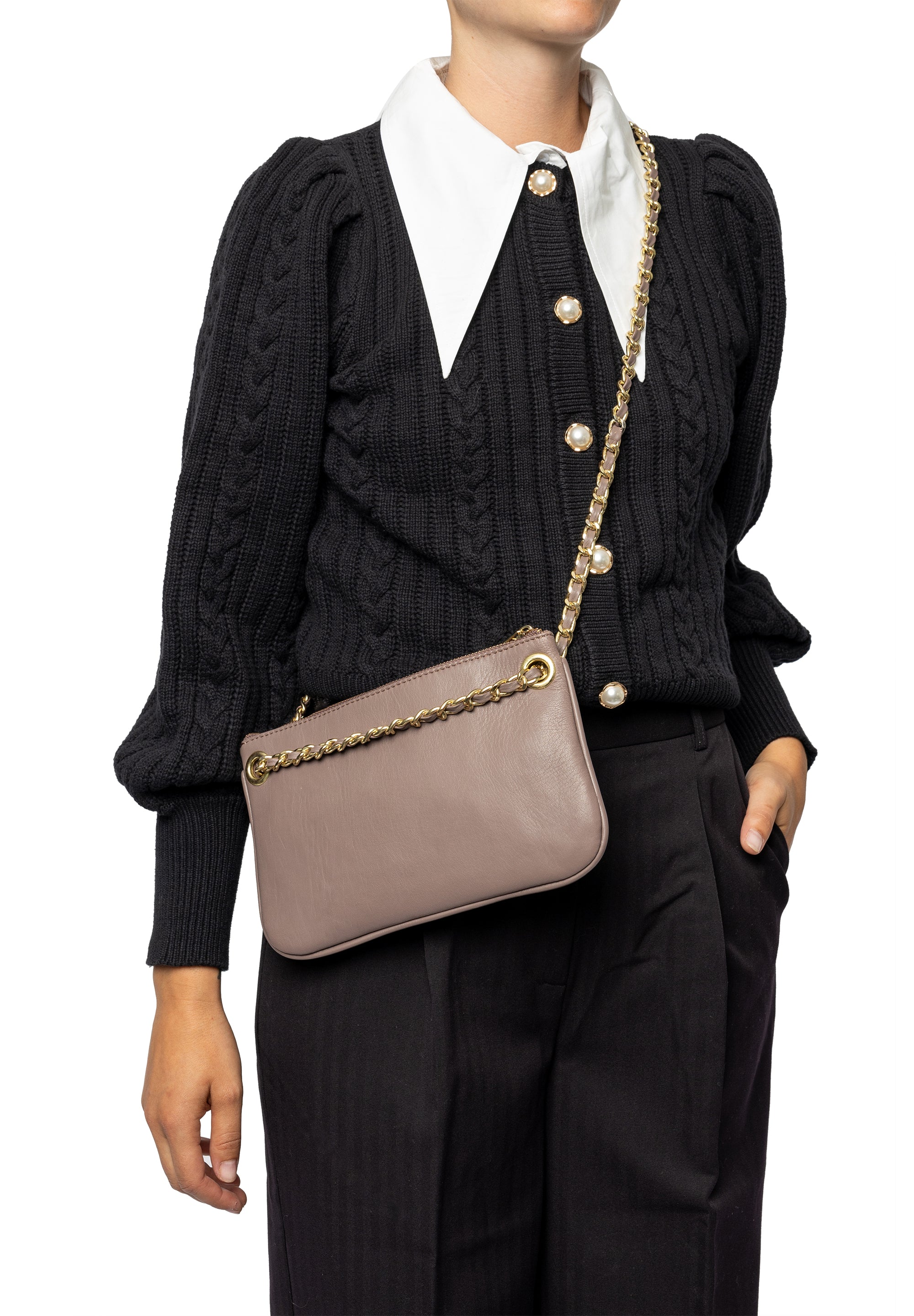 Selskapsveske | Skinn | Taupe | Liten | Kjedereim | Gulli