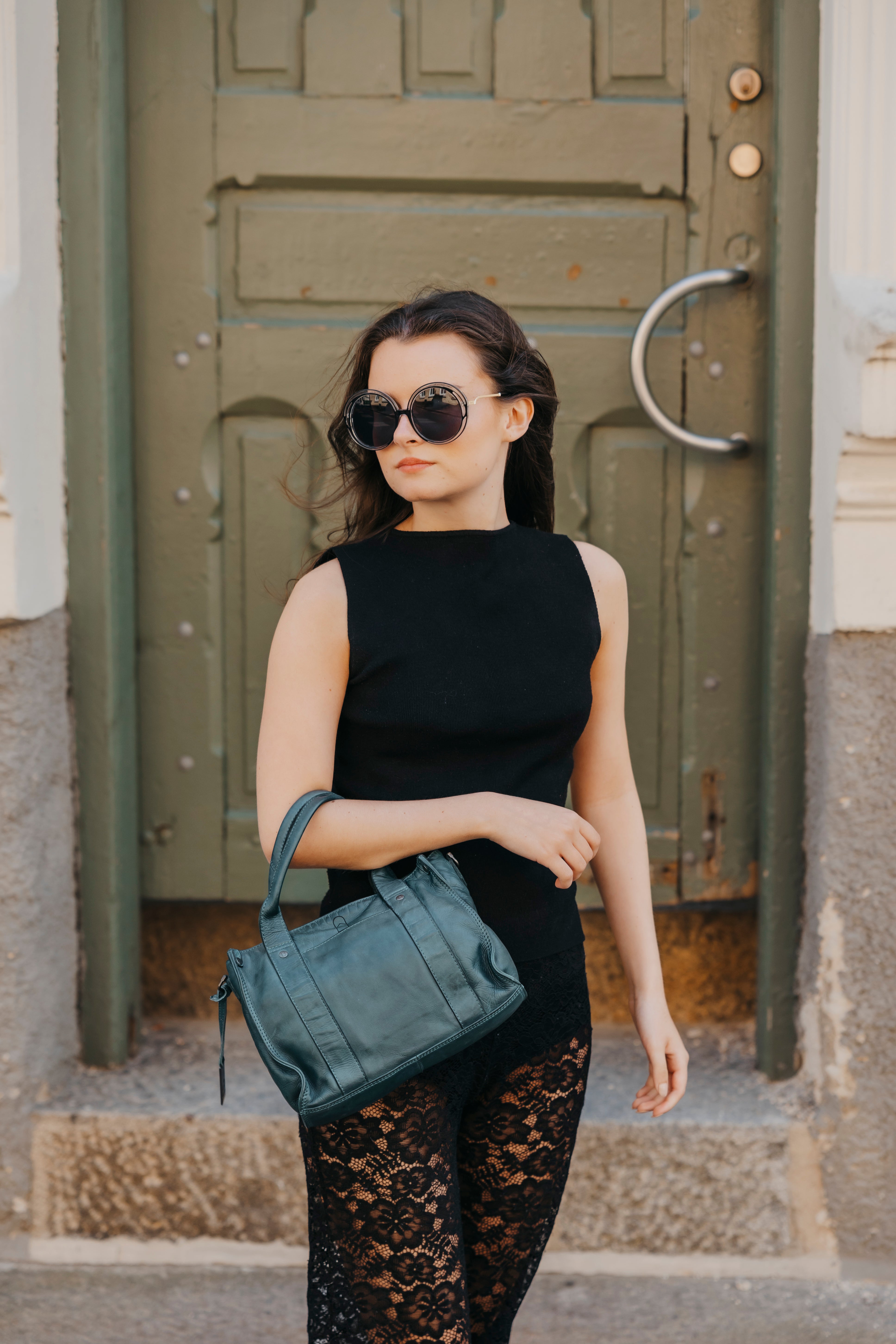 Håndveske | Skinn | Vintage look | Petrol | 3040093