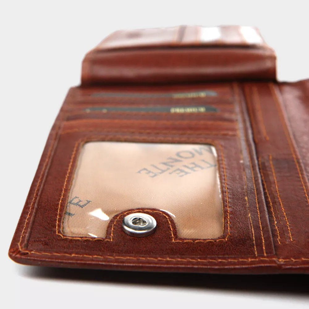 Lommebok | Stor | Skinn | Cognac | Plass til mange kort | Mynt rom | RFID Blokk | The Monte