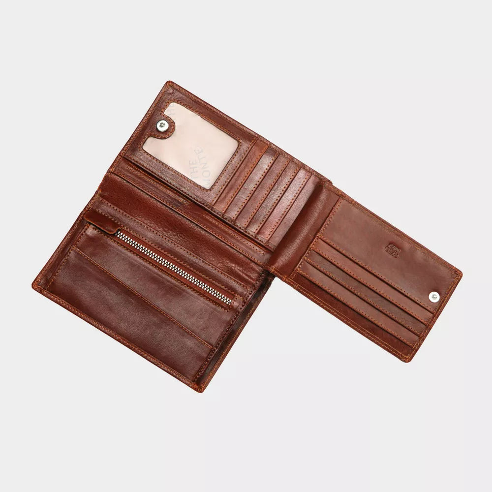 Lommebok | Stor | Skinn | Cognac | Plass til mange kort | Mynt rom | RFID Blokk | The Monte
