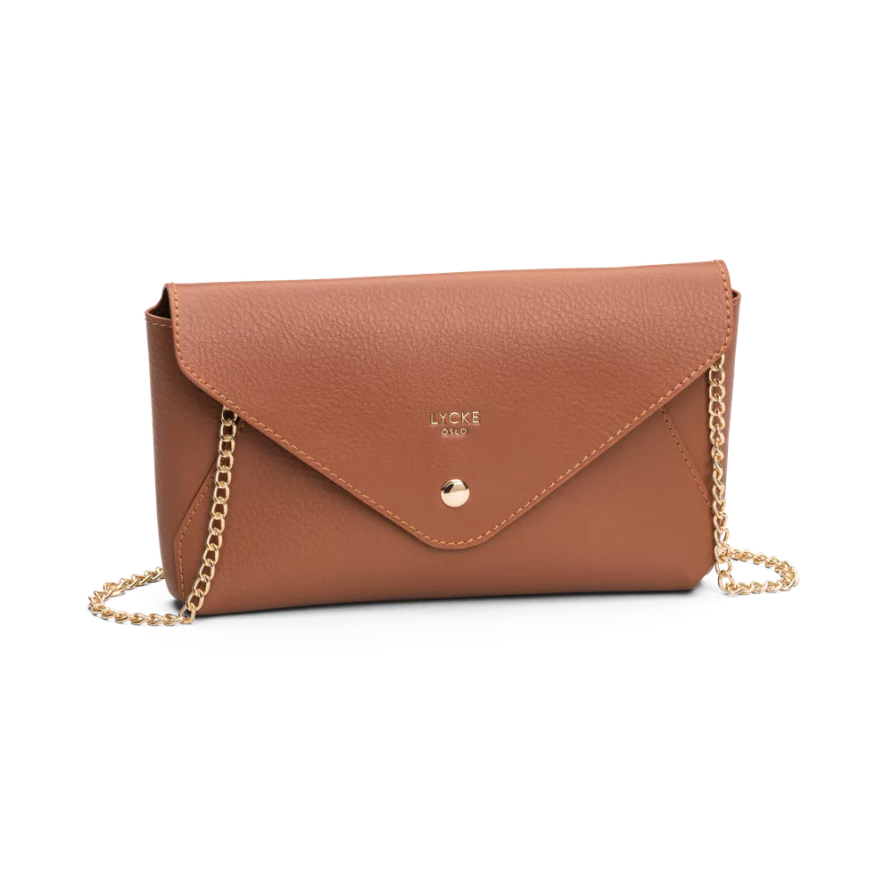 Selskapsveske | Liten | Avtagbar Metallkjede | Klaff Åpning | Cognac | Clutch Kragerö
