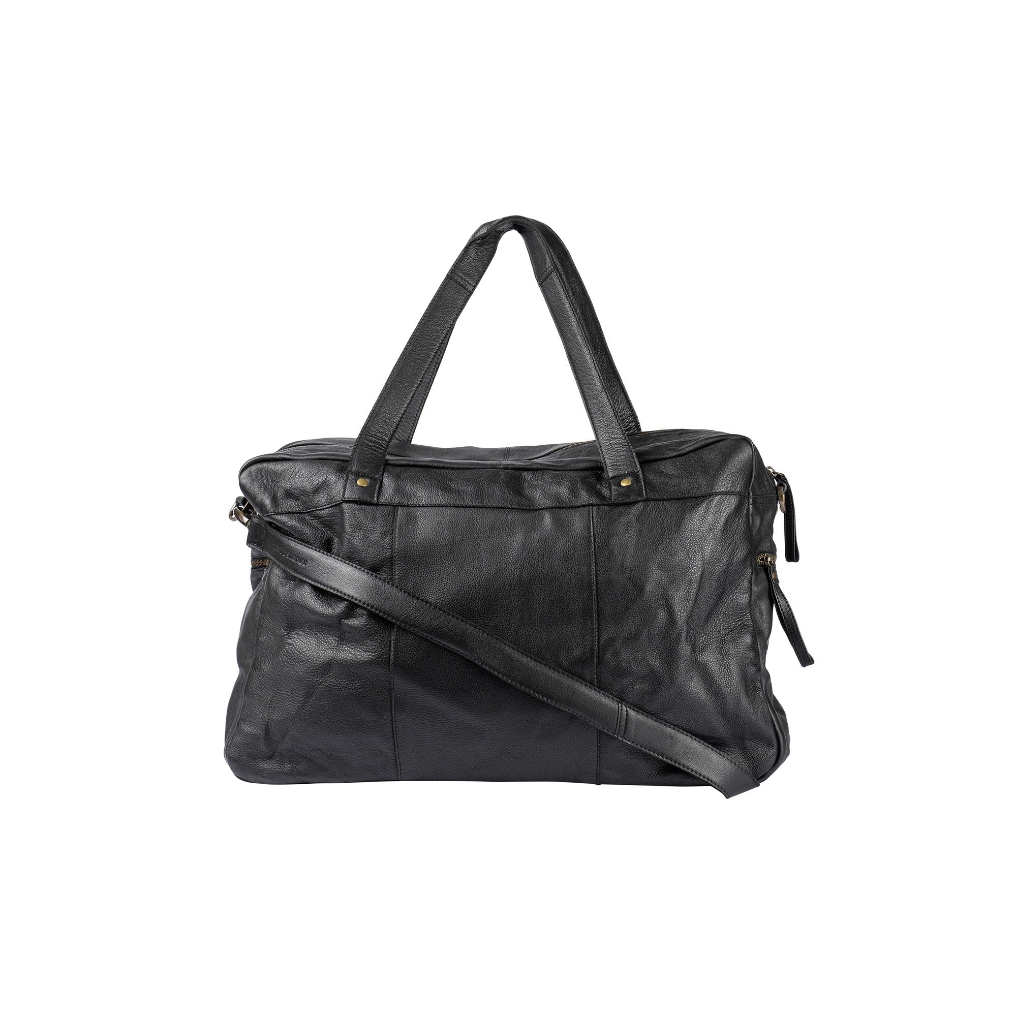 Sort weekend bag av mykt skinn fra Re:Designed by Dixie, modell Signe, vist fra baksiden.