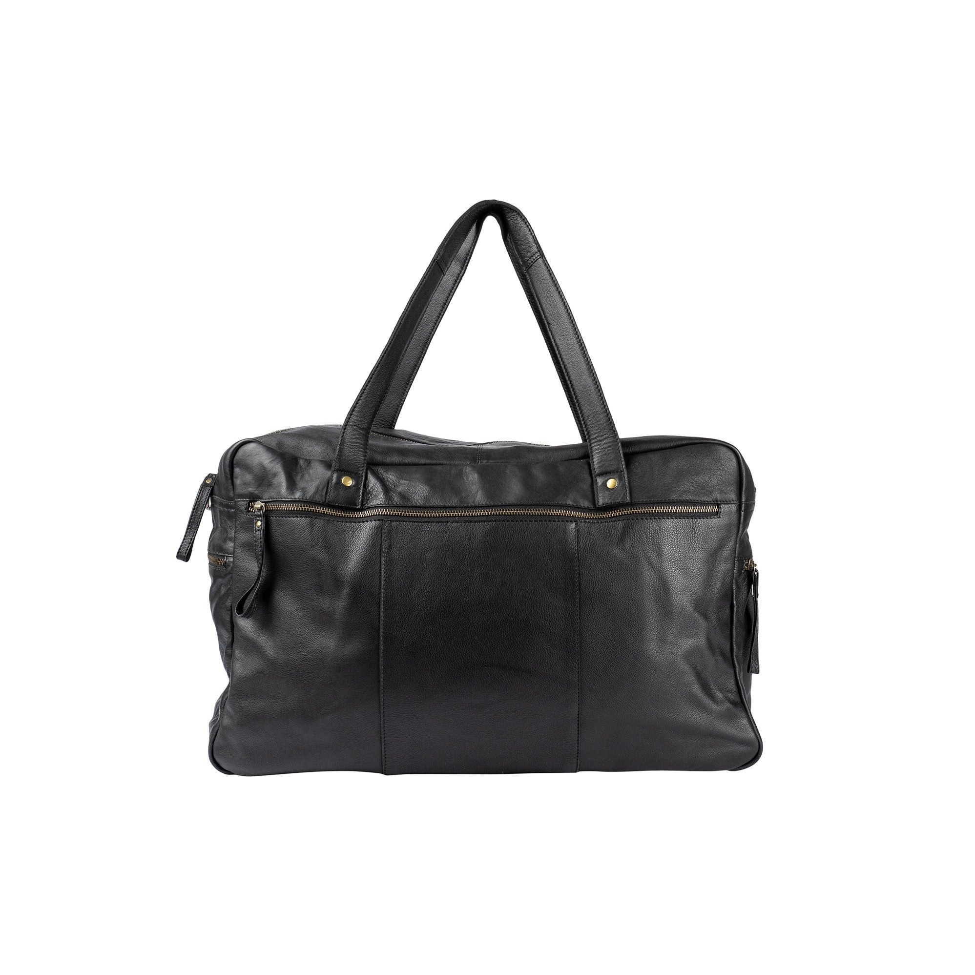 Sort weekend bag av mykt skinn fra Re:Designed by Dixie, modell Signe, vist fra fronten.