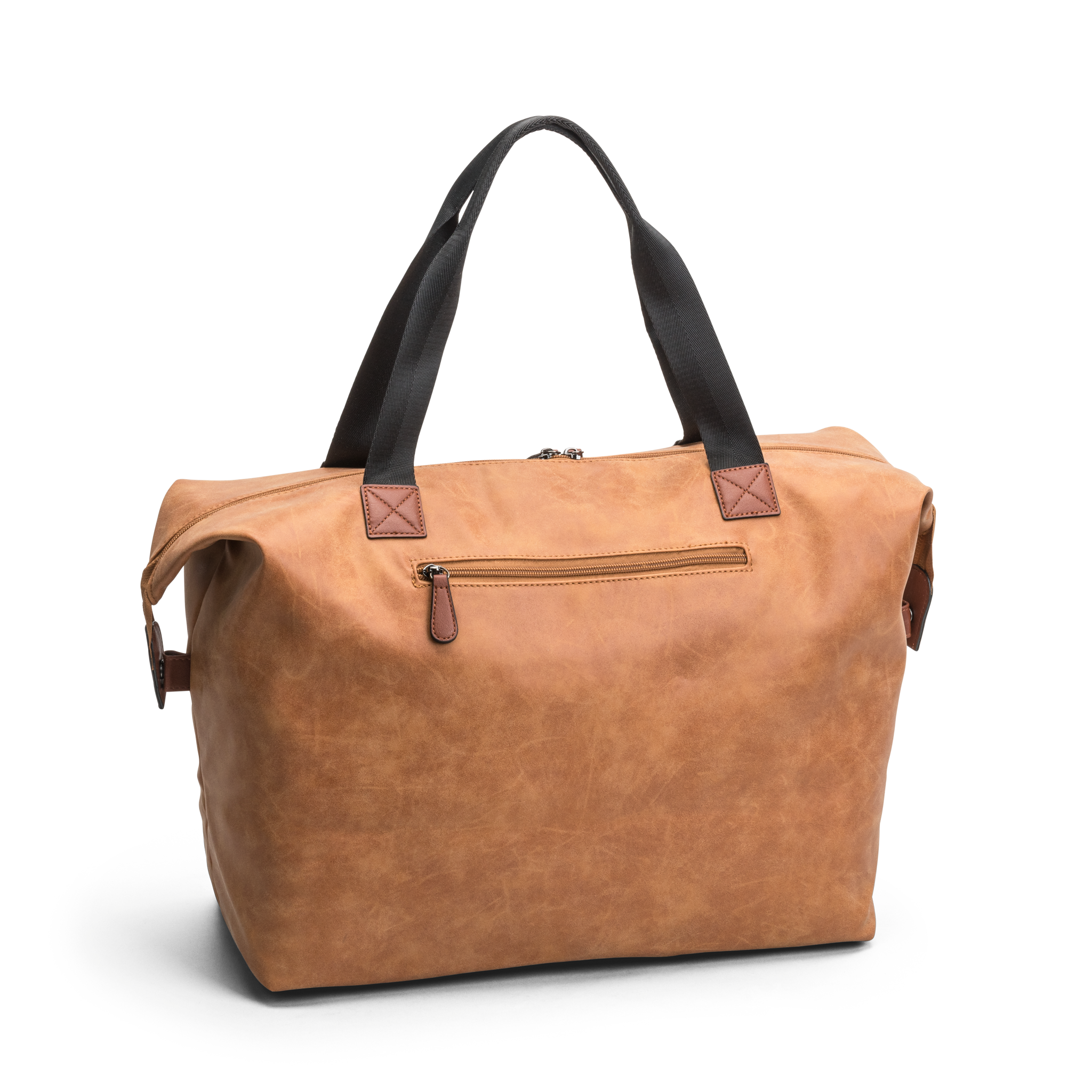 Camel weekend bag i imiitert skinn med brune detaljer fra Lycke Oslo, modell Kris, vist fra baksiden.