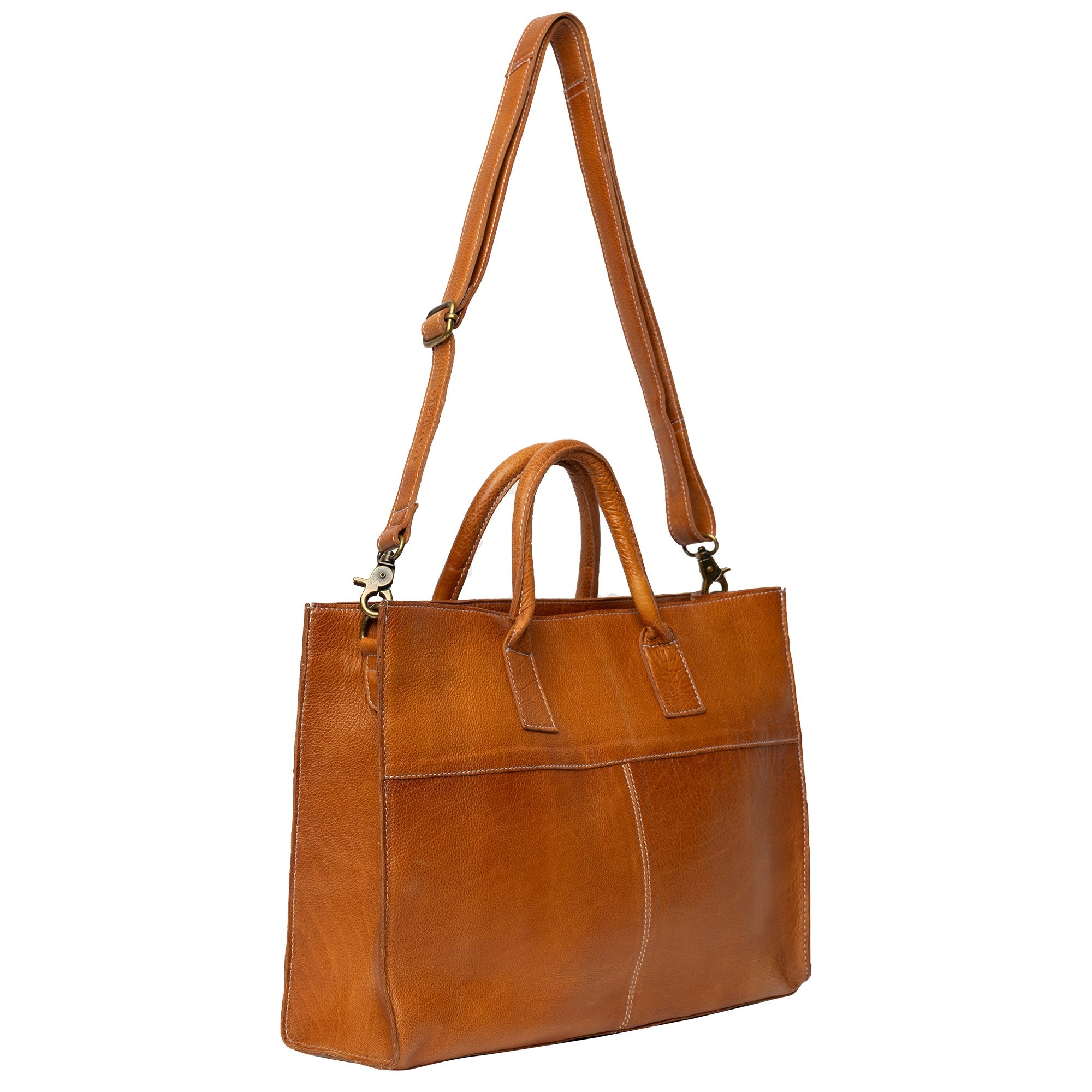 Feline Bag, stor skinnveske fra Re:Designed By Dixie i fargen Burned Tan, bakside med langreim