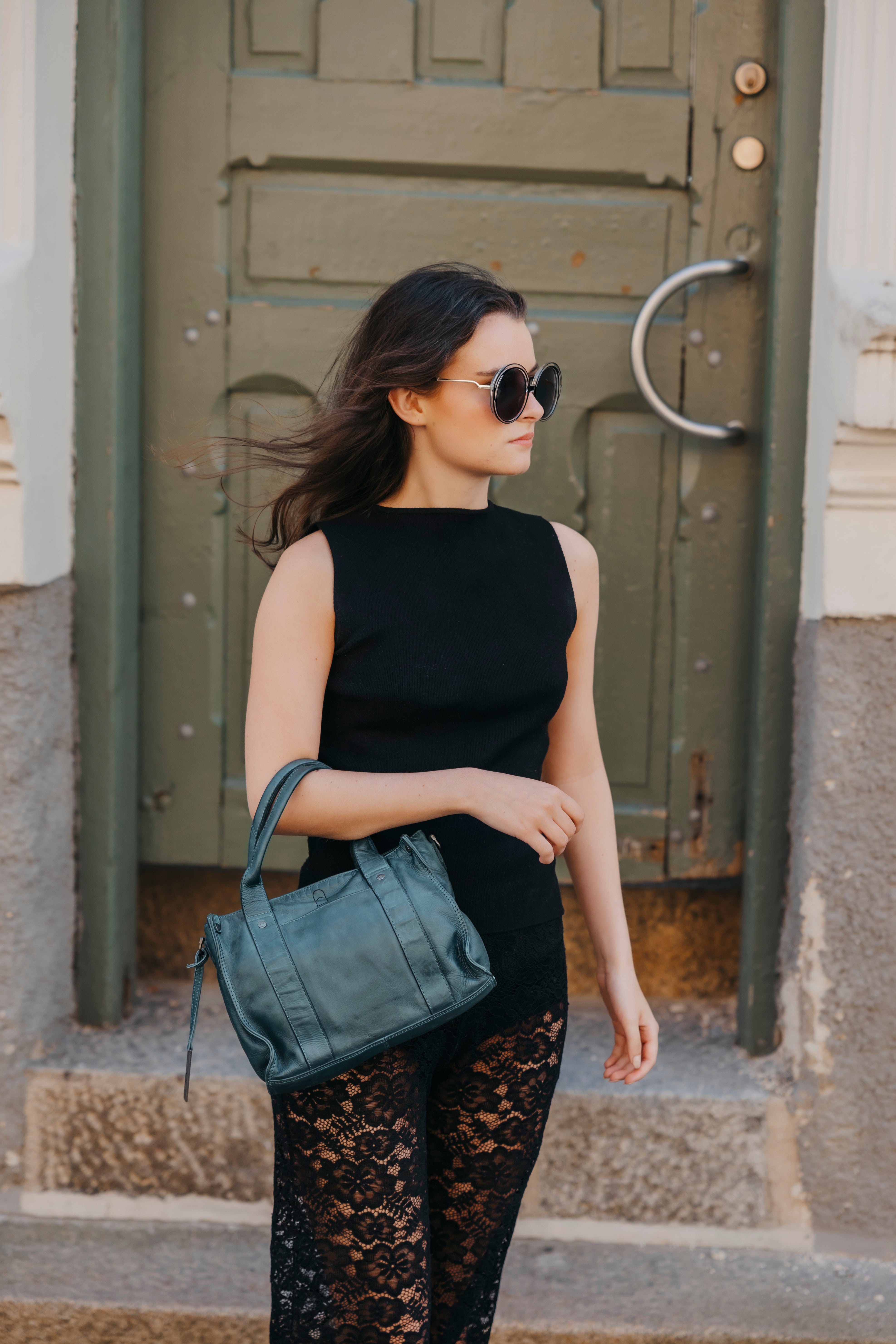 Håndveske | Skinn | Vintage look | Petrol | 3040093