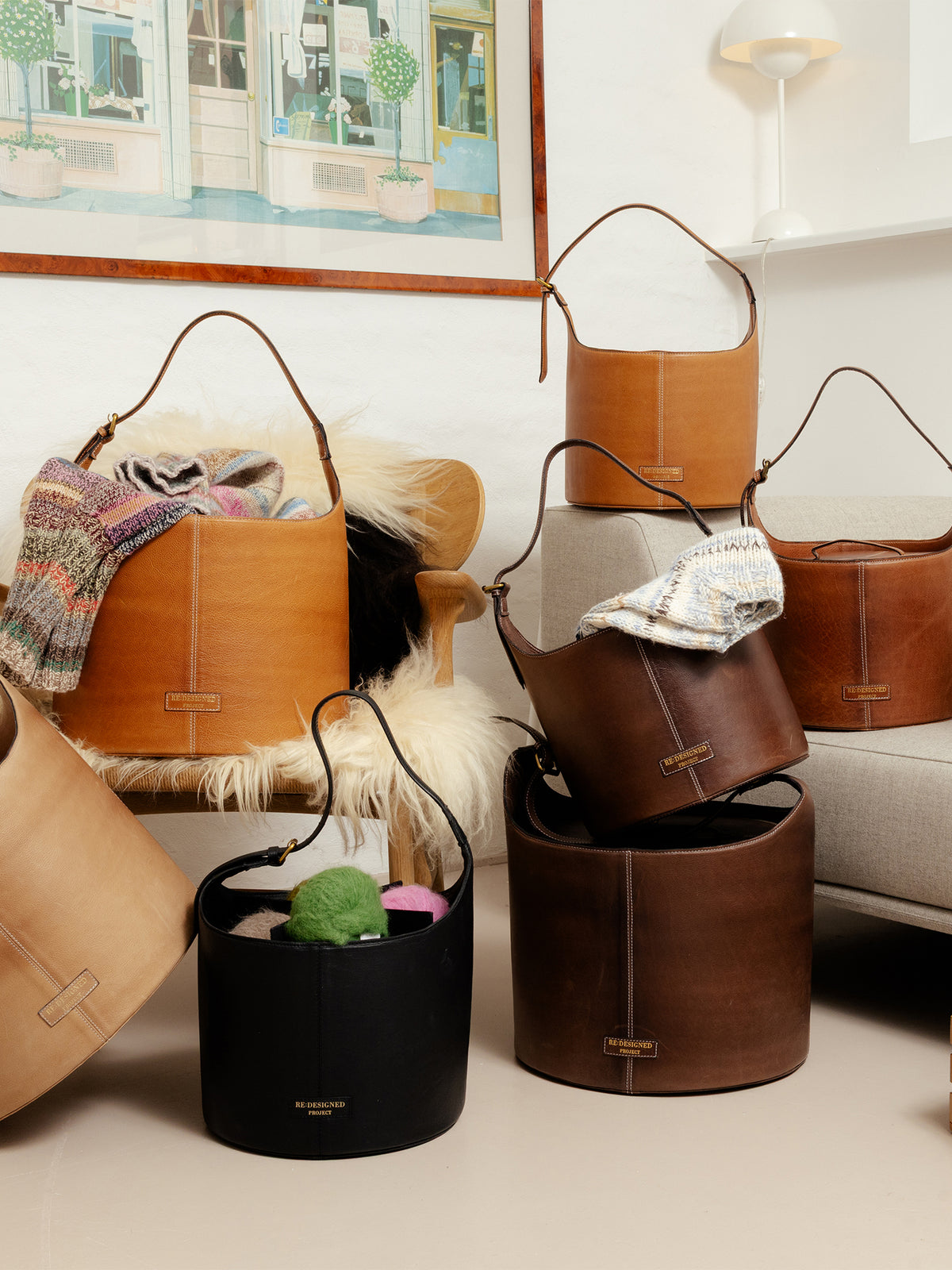 Project 26 Bucket Strikkeveske – Skinn, Medium, Walnut