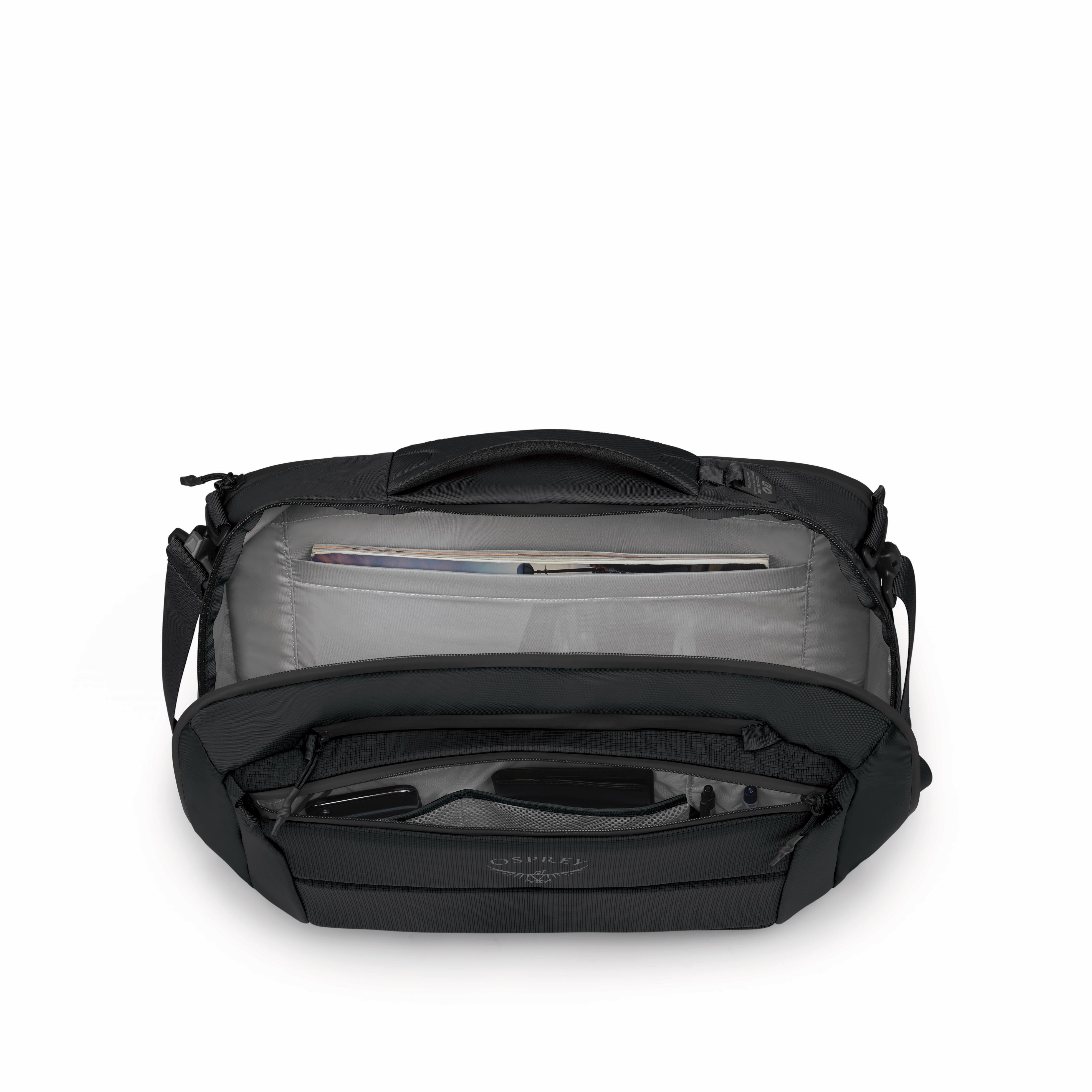 Sort boarding bag med PC lomme fra Osprey, modell  Ozone, her vises innsiden.